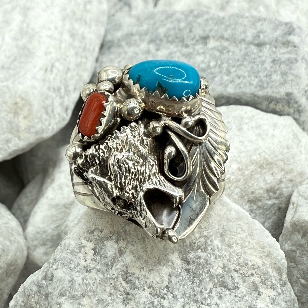 Navajo Sterling Silver Wolf Ring w/ Turquoise & Coral—Genevieve Francisco — 10.5 - Picture 5 of 8